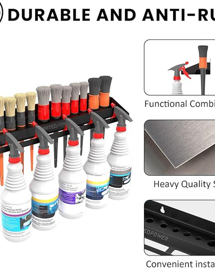 UNITEDPOWER Brush and Trigger Bottle Holder, Wall Mount Storage Rack Organizer for Auto Repair Shops Car Washes And Home Garages, Stores up to 12 Detailing Brushes & Hanging Rail for Bottles