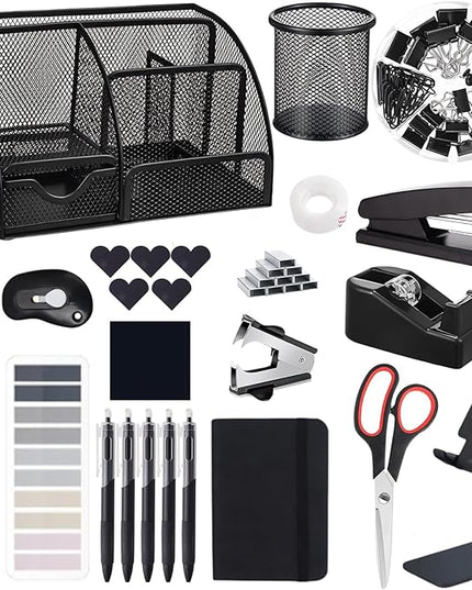 Office Supplies,Desk Accessories,Stapler and Tape Dispenser Set,1000 Staples,Staple Remover,Pen Holder,Folding Phone Holder,Journal Notebook,Ballpoint Pen,Scissor,Ruler,Clear Tape,Sticky Notes,Ect