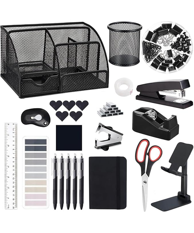 Office Supplies,Desk Accessories,Stapler and Tape Dispenser Set,1000 Staples,Staple Remover,Pen Holder,Folding Phone Holder,Journal Notebook,Ballpoint Pen,Scissor,Ruler,Clear Tape,Sticky Notes,Ect