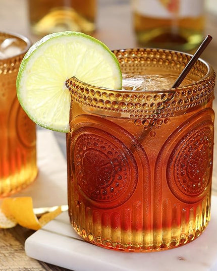 Vintage Amber Drinking Glasses Set of 6 by Kate Aspen - 10 oz Ribbed Glassware for Drinking Water, Juice, Cocktail Glasses - Ribbed Glass Cups Set, Iced Coffee Cup, Kitchen Drinkware or Home Bar