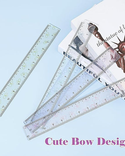 BAYTORY 4Pcs Transparent Acrylic Ruler 12 Inch, Clear Plastic Straight Rulers, Shatterproof Student Stationery Centimeters with Inches, for Classroom Essentials School Supplies (Bowknot)