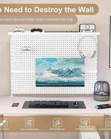 KEIKI Clamp-On Desk Pegboard with Single Monitor Stand, 43" x 35" Steel Peg Board Office Organizer with Hooks, Movable Panel & Shelf for Office Supplies, Gaming Setup & Desk Organization, White