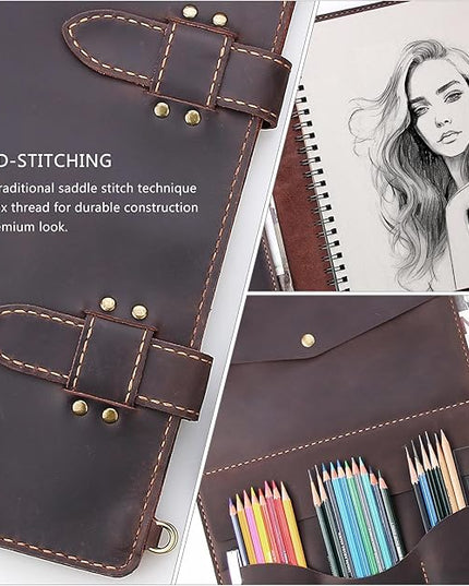 Robrasim Handmade Leather Sketchbook Cover, Artist Sketch Pad Holder for 11"X14" Sketchbook, Drawing Book and Pencil Case, Journal Notebook Portfolio with Shoulder Strap, Artist Gifts, Coffee