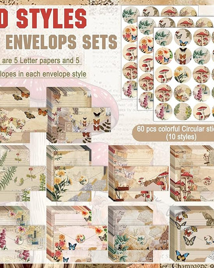 TaoBary 160 Pcs Stationery Paper Set 50 Double Sided Stationery Papers with 50 Matching Envelopes and 60 Round Dot Sticker, 10 Design(Nature Vintage Style,8.5 x 11 Inch)