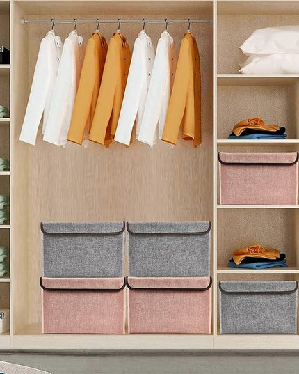 Linen Fabric Foldable Storage Cube Bin Organizer Basket with Flip-Top Lid & Handles, Large Clothes Blanket Box for Home, Office, Closet, Gray & Pink, 4 Pack 14.6 x 9.5 x 9.5”
