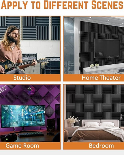 56 Pack Acoustic Foam Panels, 1" x 12"x 12" Sound Proof Foam Panels For Wall Fire Resistant, Noise Cancelling Dampening Sound Absorbing Black Wedge Panels For Studio Recording & Office & Home
