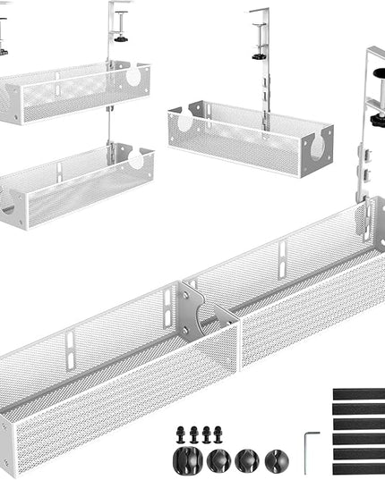 Multi-Model Under Desk Cable Management Tray 2 Packs Metal Under Desk Wire Management Clamp Mount Under Table Cord Management No Damage The Desk (White)
