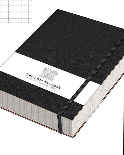AHGXG Graph Paper Notebook - Grid Paper Notebook Large A4 8.5''×11'', 320 Pages Thick Journal, 100gsm Thick Graph Paper, Leather Softcover, Inner Pocket - Black