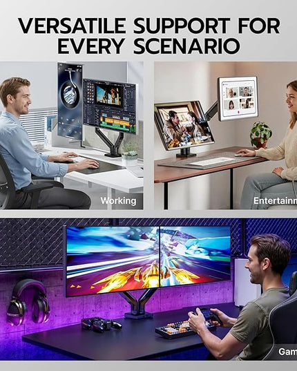 ARES WING Dual Monitor Mount, Heavy Duty Monitor Arms for 2 Monitors for 17-35 Inch, Fully Adjustable Monitor Desk Stand Ultrawide Screen, VESA 75x75 or 100x100mm, Black