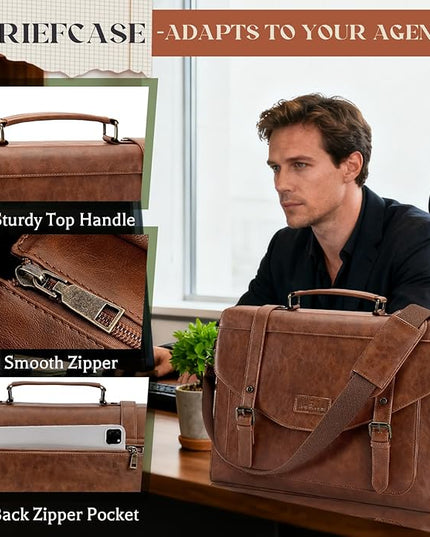 RAINSMORE Flap Messenger Bag for Men Vintage PU Leather Laptop Bag 15.6 Inch Retro Briefcase with Wallet Satchel Computer Bag
