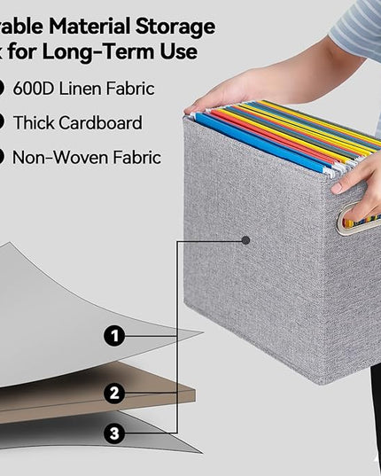 4 Pack Letter Size File Storage Box Collapsible, Fabric Hanging File Folders Organizer, Portable Office Document Holder with Metal Handle, Smooth PVC Rails, Gray