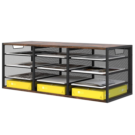 TQVAI 12 Compartments Desktop Literature Organizer, Metal Frame Paper Sorter with Handles, Heavy Duty Mailbox for Classroom and Office, Wood File Organizer for Document, Bill, Magazine, Antique Brown