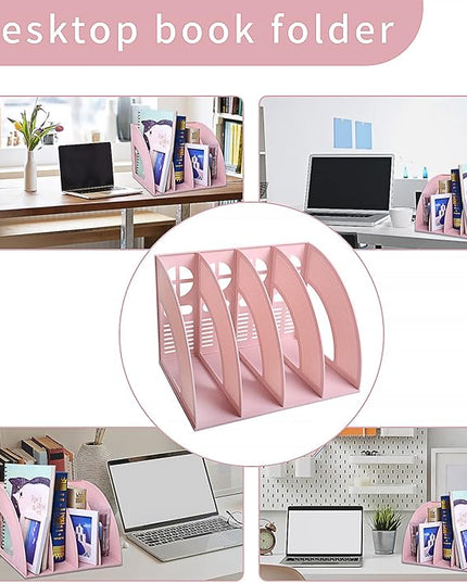 SAYEEC Sturdy Magazine Holder 4 Compartments Plastic Desktop File Organizer File Dividers Office Organizer Storage Document Magaizne Rack Display Box (Pink)