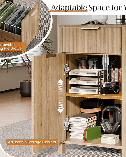 58" Fluted Home Office Desks with Storage, Modern Executive Desk Computer Desks with 5 Drawers & Cabinet, Wood Work Desk File Drawer for Office, Bedroom, Study, Living Room, Oak