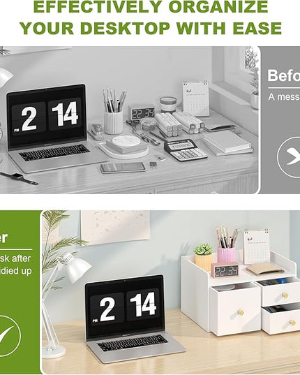 Bamboo Desk Organizer with Drawers Wooden Desktop Storage Drawers for Bills Office Supplies Kitchen Utensils Organizing Tool for Home Classroom Organization No Assembly (3 Drawer, White)