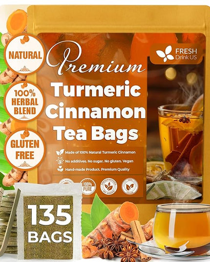 FreshDrinkUS, Premium 135 Turmeric Cinnamon Tea Bags, 100% Natural, Blend of Turmeric, and Cinnamon. Made with Natural Material Tea Bags. No Sugar. No Caffeine. Vegan.