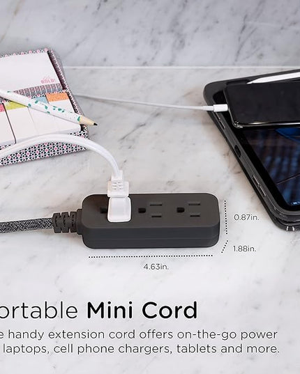 Cordinate Designer Mini 3-Outlet Power Strip, 18 in Braided Extension Cord, Grounded Adapter, Low-Profile Flat Plug, ETL Listed, Black/Dark Heather, 47298