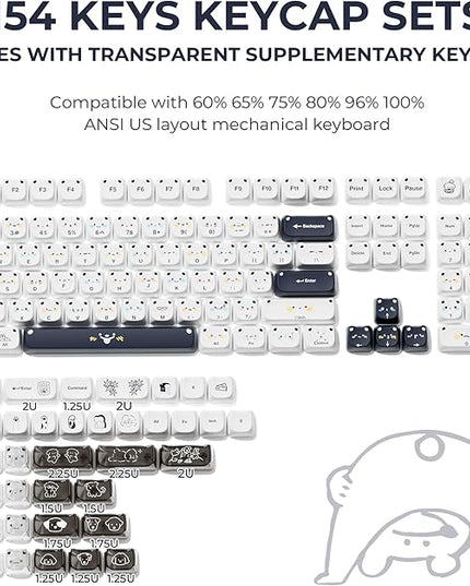 XVX Cute PBT Keycaps, Mao Profile White Puppies Keyboard Keycaps, 154 Keys Keycap Sets with Transparent Key caps Compatible with 65% 75% 96% 100% Cherry Gateron MX Switches Mechanical