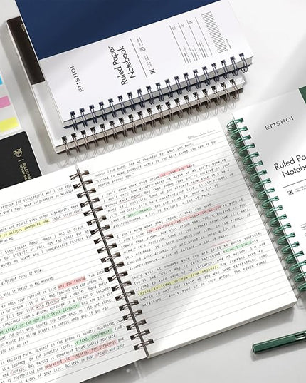 EMSHOI A4 Spiral Notebook Lined Journal, 11.2" X 8.27", 300 Pages/150 Sheets, 100gsm Thick Paper, Waterproof Softcover, Twin-Wire Binding, for School Work Writing Note Taking-Black