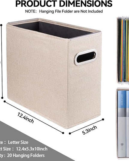 4 Pack Letter Size File Storage Box Collapsible, Fabric Hanging File Folders Organizer, Portable Office Document Holder with Metal Handle, Smooth PVC Rails, Beige