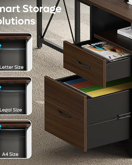 Bestier L Shaped Desk with 4 Drawers, 63" x 47" Executive Desk with Open Storage & Monitor Stand, Corner Desk with 2 File Drawers & Modesty Panel for Home Office, Cherry