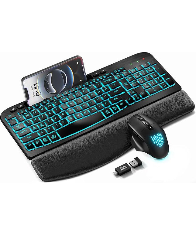 SABLUTE Wireless Keyboard and Mouse Combo - Ergonomic Wave Keyboard with Soft Leather Wrist Rest, Phone Holder, Rechargeable, RGB Backlit Mouse, Full-Size Set for Windows/Mac/Computer (Black)
