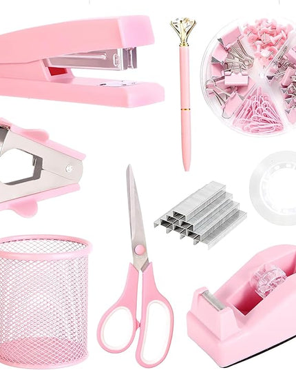 Pink Desk Accessories, Pink Office Supplies Set with Stapler, Tape Dispenser, Staple Remover, Pen Holder, Scissor, Binder/Paper Clips, Ballpoint Pen, Clear Tape and 1000pcs Staples
