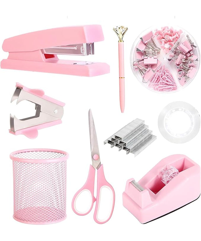 Pink Desk Accessories, Pink Office Supplies Set with Stapler, Tape Dispenser, Staple Remover, Pen Holder, Scissor, Binder/Paper Clips, Ballpoint Pen, Clear Tape and 1000pcs Staples