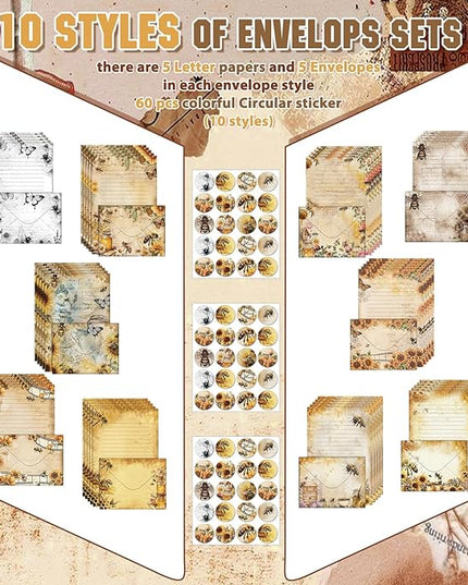 TaoBary 160 Pcs Stationery Paper Set 50 Double Sided Stationery Papers with 50 Matching Envelopes and 60 Round Dot Sticker, 10 Design (Vintage Bee Floral Butterfly,8.25 x 5.5 Inch)