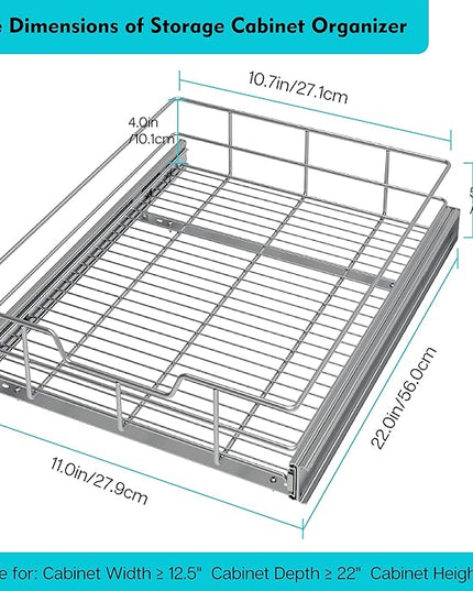 Pull Out Cabinet Organizer 11" W X 22" D, Slide Out Drawers For kitchen organizers and storage, Pull Out Drawers For Cabinets Capacity Heavy Duty Caddy, Cabinet Shelves Chrome-Plated, Bathroom Pantry