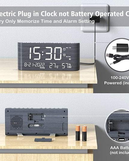 Mesqool Digital Alarm Clock, with Calendar Temperature and Humidity, Loud Volume, Dual Alarm, USB and Type-C Charging Ports, Dimmer, 12/24H, Snooze, Stylish Wood Grain Pattern Digital Clock for Décor