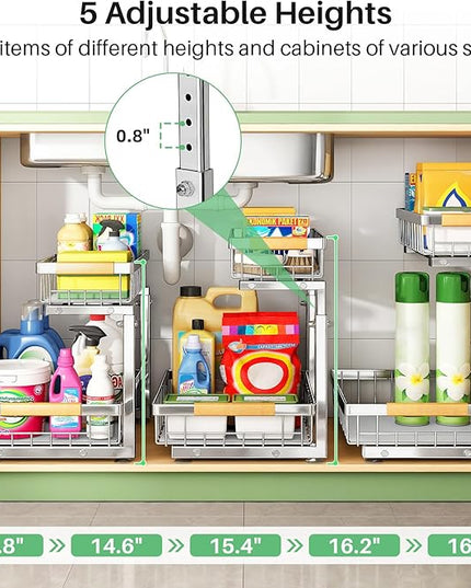 Under Sink Organizer, Stainless Steel 1-Pack 2 Tier Under Sink Organizers and Storage, Slide out Pull out Cabinet Shelf, Sliding Drawer for Kitchen Bathroom Pantry Cabinet Closet Organization Rack