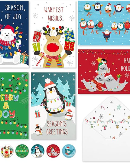 Thboxes Christmas Cards with Envelopes & Stickers, 36 Pack 4x6 Inch Merry Christmas Cards, Funny Holiday Card, 6 Assorted Designs Greeting Card for Xmas