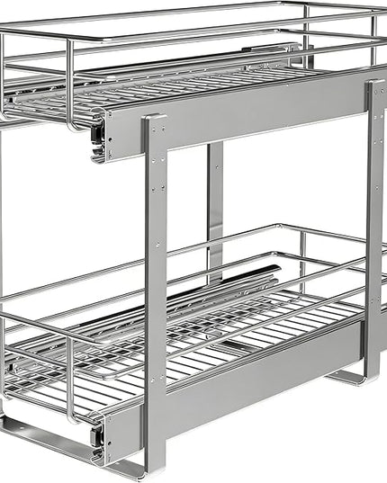 JOWBOOW (8" W x 22" D 2-Tier Narrow Cabinet Pull Out Shelves | Heavy Duty Slide Out Shelves for Kitchen Cabinets, 22 Inch Deep Under Cabinet Organizer, Chrome