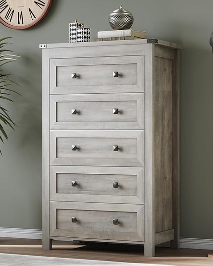 BORNOON Tall 5-Drawer Dresser, Modern Wooden Storage Chest of Drawers, Dresser TV Stand, Wood Drawer Organizer with Metal Handles for Bedroom, Living Room, Hallway