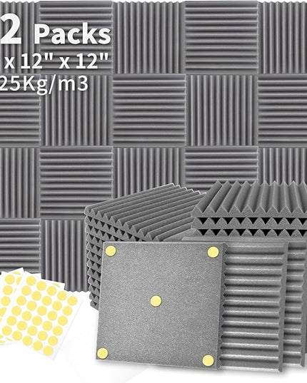 Focusound 52 Pack Grey Acoustic Foam Panels 1" x 12" x 12" Sound Proof Foam Panles Soundproofing Noise Cancelling Wedge Panels for Home Office Recoding Studio with 300PCS Double-Side Adhesive