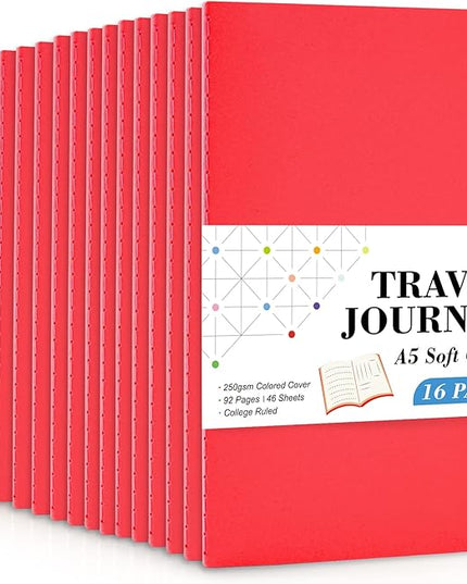 16 Pack Soft Cover Journal Bulk, Feela Lined Notebooks College Ruled for Work for Women Girl Writing, Blank Travel Journal Note Taking Notebook School Business Supplies, 8.2” x 5.5”, A5, Red