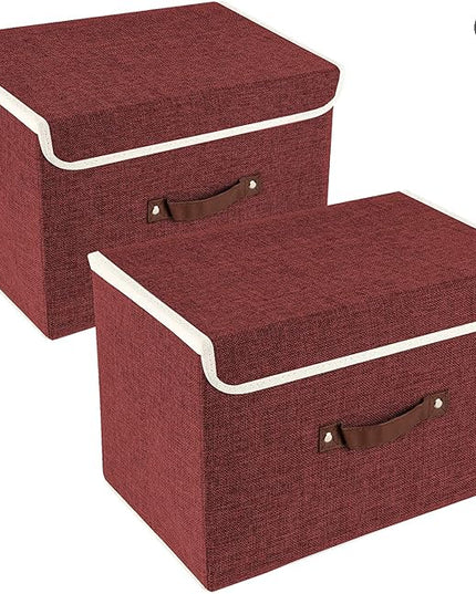 TYEERS Collapsible Storage Boxes, Washable Fabric Storage Bins with Lids, 14.9x9.8x9.8 inches, 2 Pack, Red Wine