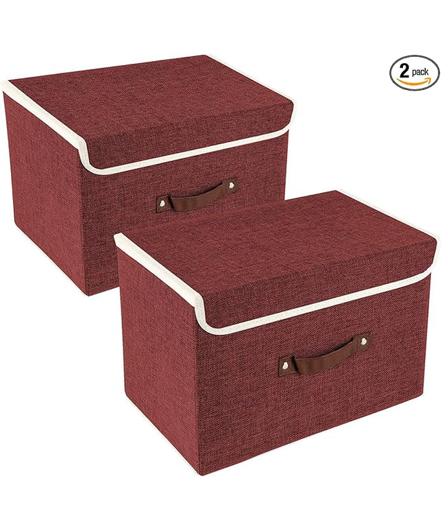 TYEERS Collapsible Storage Boxes, Washable Fabric Storage Bins with Lids, 14.9x9.8x9.8 inches, 2 Pack, Red Wine