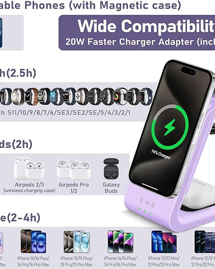 3 in 1 Wireless Charging Station: 5000mAh Removable Power Bank Charger Stand for Phone/Watch/Air Pods - Portable Magnetic Battery Pack for Air 17 16 15 14 13 12 Series Purple