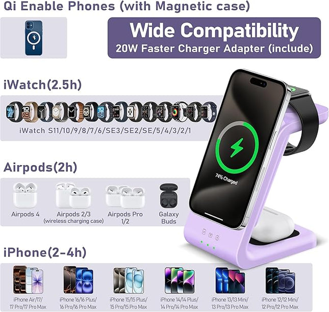 3 in 1 Wireless Charging Station: 5000mAh Removable Power Bank Charger Stand for Phone/Watch/Air Pods - Portable Magnetic Battery Pack for Air 17 16 15 14 13 12 Series Purple