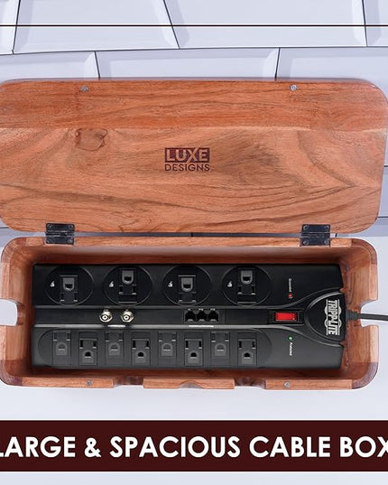 Cable Management Box & Cord Organizer- Cable Organizer for Desk, Home, Office. Hides Wires, Surge Protectors, Power Strips. Eco Friendly Mango Wood Cord Management Solution (Natural Acacia)
