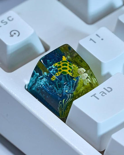 Sea Turtle Artisan Keycap Navy Blue Ocean Coral R1 SA Profile Custom Sea Creatures Keycaps 1U ESC Handmade Gaming Resin Key Cap Cherry MX Switch Compatible Mechanical Keyboard Turtle Lover Gift