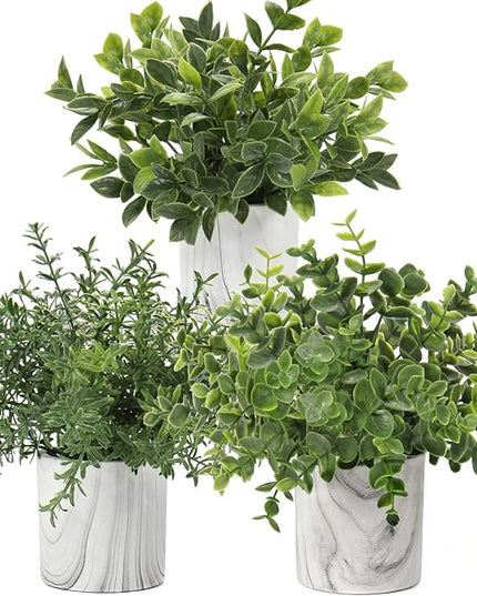 Hollyone Mini Artificial Potted Plants Fake Plants in Marble Pots, 1Pcs Plastic Eucalyptus Greenery Faux Plants for Home Office Desk Room Centerpiece Shelf Décor