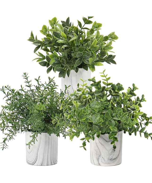 Hollyone Mini Artificial Potted Plants Fake Plants in Marble Pots, 1Pcs Plastic Eucalyptus Greenery Faux Plants for Home Office Desk Room Centerpiece Shelf Décor