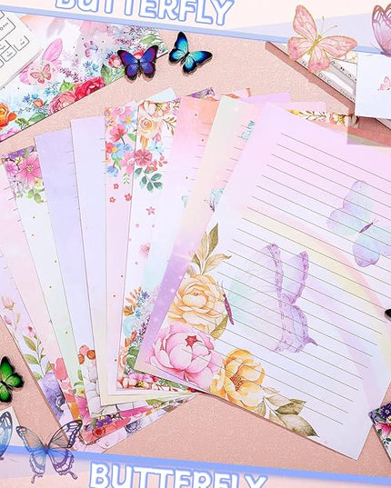 TaoBary 160 Pcs Stationery Paper Set 50 Double Sided Stationery Papers with 50 Matching Envelopes and 60 Round Dot Sticker, 10 Design(Watercolor Butterfly,8.5 x 11 Inch)