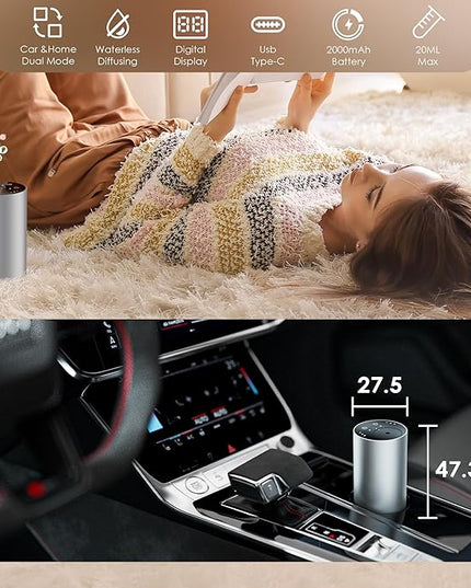 Essential Oil Diffuser with 3 Spray Modes, Battery Operated, LED Timing Display, Aromatherapy Diffuser, 1/4/8-Hour Timer, 10ml Oil Bottle, and 3 Mist Settings for Home, Car (New Silver)