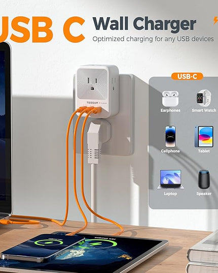 USB Multi Plug Outlet Splitter, TESSAN Surge Protector 4 Outlet Extender with 3 USB C Wall Charger Blocks, 3-Sided Multiple Plug Expander for Home Office Dorm Room Essentials