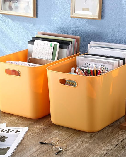 Hoolerry 8 Pieces Colorful Storage Bins with Lid, Plastic Storage Basket Organizing Container Stackable Box with Handle for Shelves Desktop Playroom Office(14.2 x 10.2 x 9.5 Inch,Yellow)