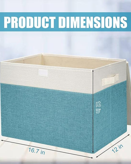 Large 17" 42 Quarts Collapsible Stackable Storage Bins with Lids [3-Pack] Foldable Fabric Linen Storage Boxes Cube, Closet Organizer Baskets with Label for Home (16.7 x 12 x 12", Teal & White)